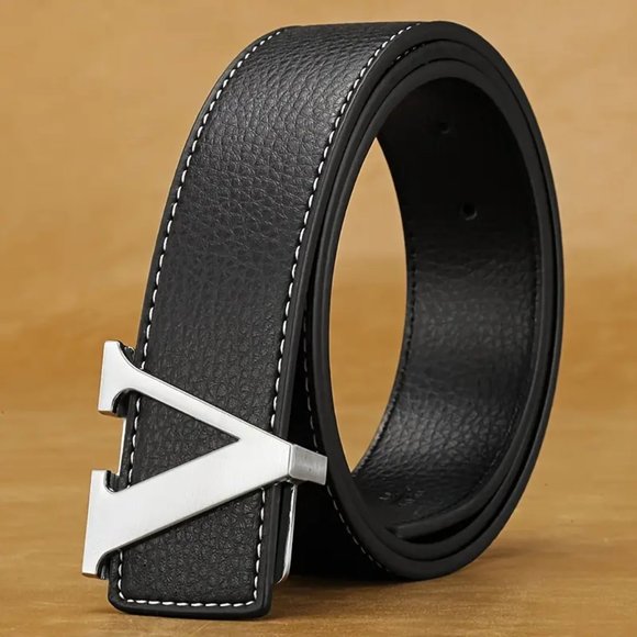 The Unisex Fashion Designer Leather Belt with Smooth Alloy V Buckle in Silver - Picture 3 of 3
